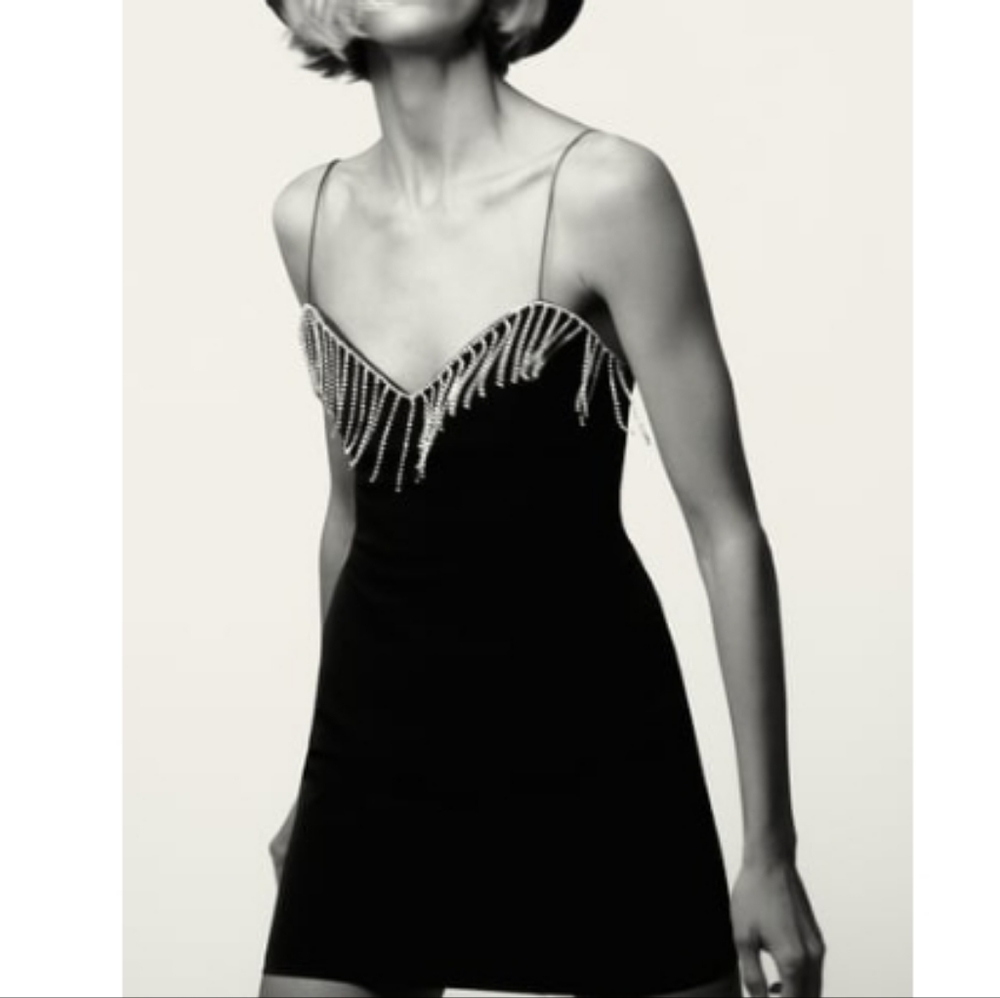 NWT Zara Fringed Mini Dress Black Size S